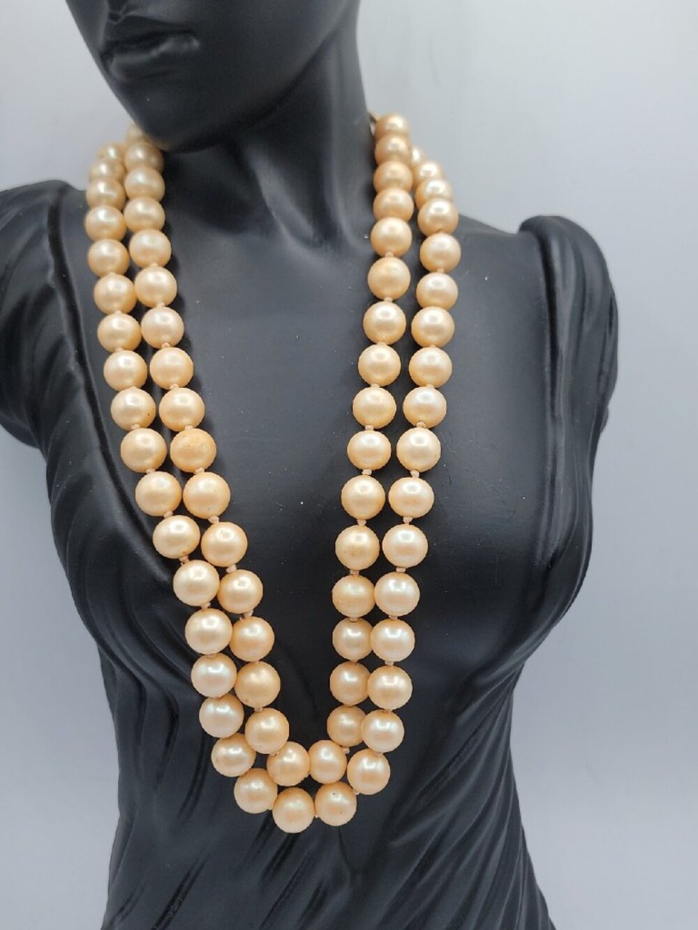Vintage Les Bernard Champagne Double Strand Faux Pearl Necklace 18" Signed Glass